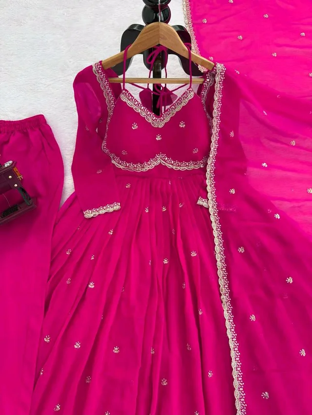Red Georgette Embroidery Anarkali Suit Set with Dupatta Ready to Wear for Celebrations - Rose, L