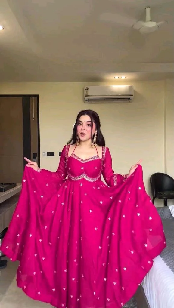 Red Georgette Embroidery Anarkali Suit Set with Dupatta Ready to Wear for Celebrations - Rose, XL
