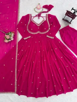 Red Georgette Embroidery Anarkali Suit Set with Dupatta Ready to Wear for Celebrations - Rose, XXL