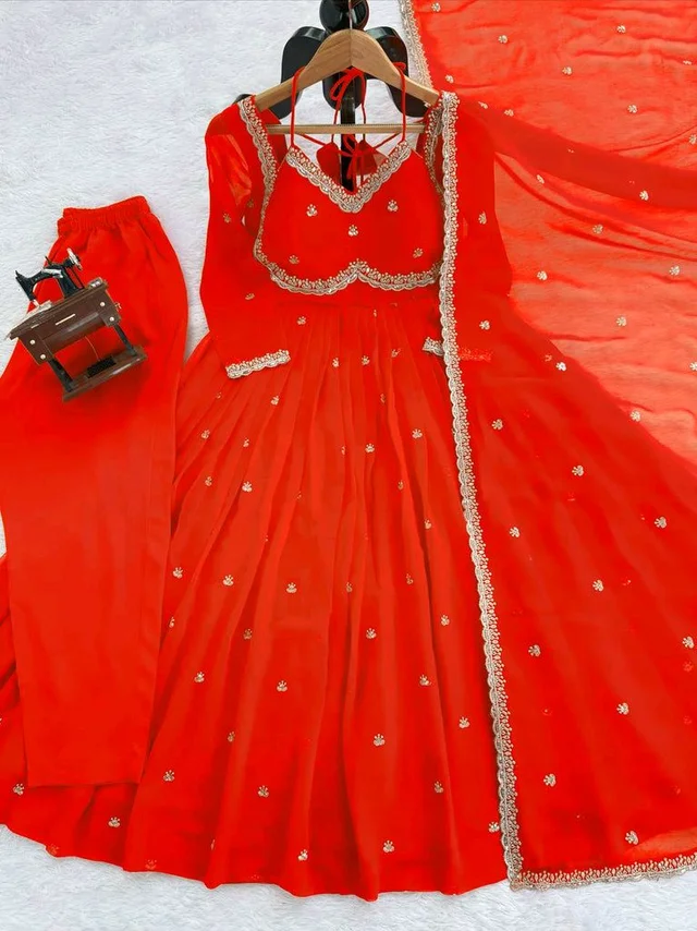 Red Georgette Embroidery Anarkali Suit Set with Dupatta Ready to Wear for Celebrations - Scarlet, L