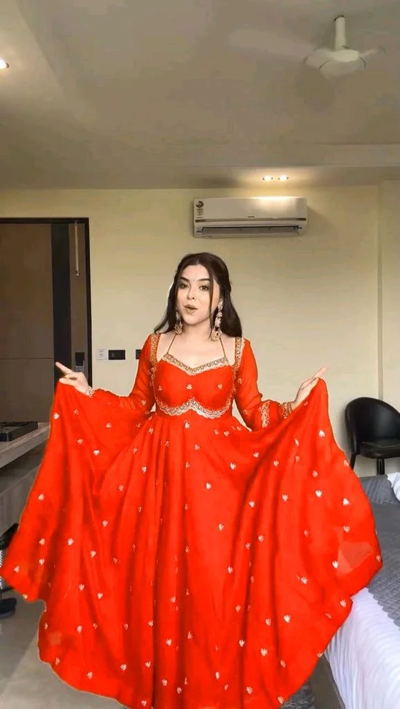 Red Georgette Embroidery Anarkali Suit Set with Dupatta Ready to Wear for Celebrations - Scarlet, XL
