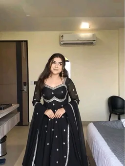 Red Georgette Embroidery Anarkali Suit Set with Dupatta Ready to Wear for Celebrations - Black, XL