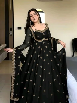 Red Georgette Embroidery Anarkali Suit Set with Dupatta Ready to Wear for Celebrations - Black, XL