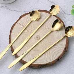 Golden Dessert Spoon Set – 4 Pcs Designer Spoons for Dessert, Coffee, Ice Cream & Kitchen Use – Floral & Heart Shapes – Premium Stainless Steel (8 cm, Gold Finish) - Golden