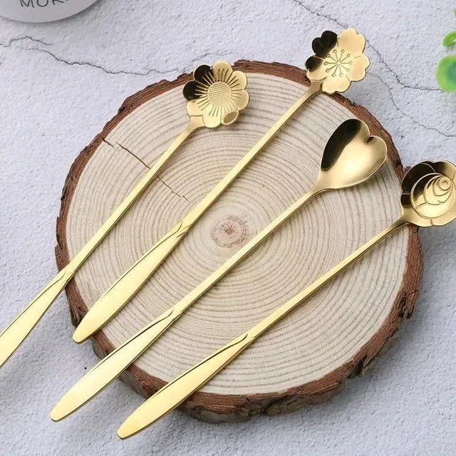 Golden Dessert Spoon Set – 4 Pcs Designer Spoons for Dessert, Coffee, Ice Cream & Kitchen Use – Floral & Heart Shapes – Premium Stainless Steel (8 cm, Gold Finish) - Golden