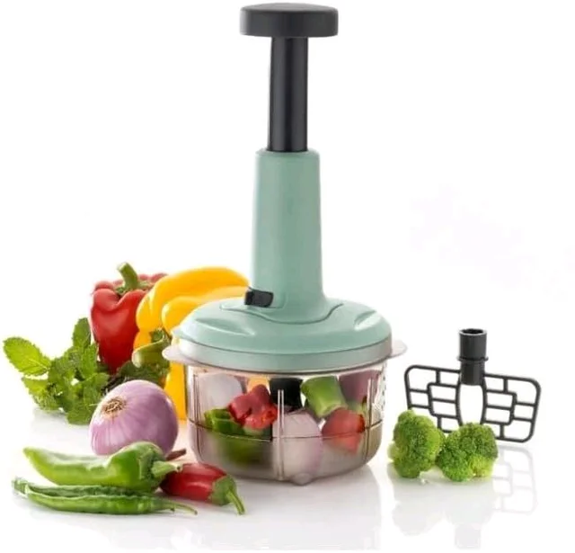 Hand Press Fruits & Vegetable Push Chopper for Kitchen, 3 Sharp Stainless Steel Blades, Unbreakable Food-Grade Plastic, Anti-Slip Base (650 ml, Multicolor) - Black