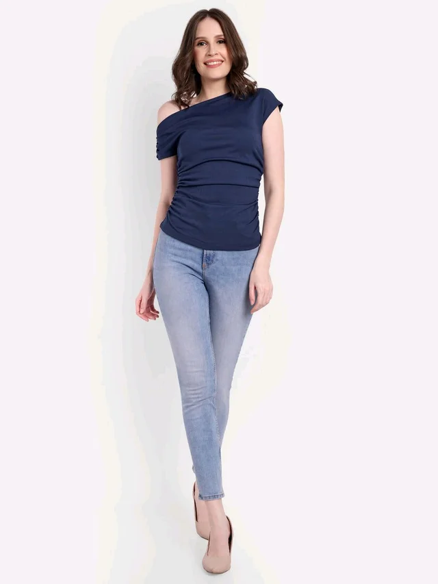 CASUAL SLEEVELESS SOLID GATHERED TOP - Cloud Burst, M