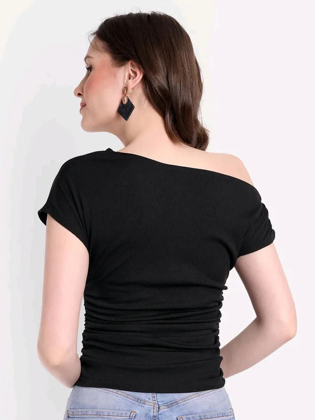CASUAL SLEEVELESS SOLID GATHERED TOP - Black, XS