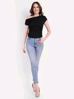 CASUAL SLEEVELESS SOLID GATHERED TOP - Black, XXL