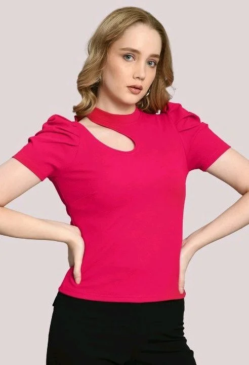 Women's Puff Sleeve Top with Front Cut-Out and Mock Neck
- Magenta, L