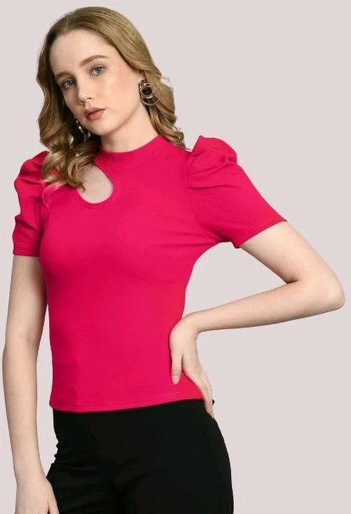 Women's Puff Sleeve Top with Front Cut-Out and Mock Neck
- Magenta, L