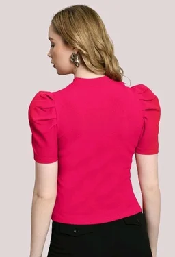 Women's Puff Sleeve Top with Front Cut-Out and Mock Neck
- Magenta, XL