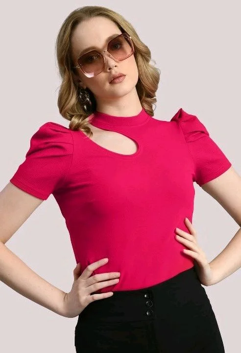 Women's Puff Sleeve Top with Front Cut-Out and Mock Neck
- Magenta, XL