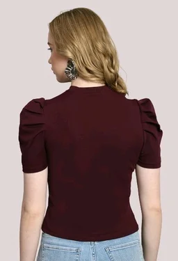 Women's Puff Sleeve Top with Front Cut-Out and Mock Neck
- Wine, L