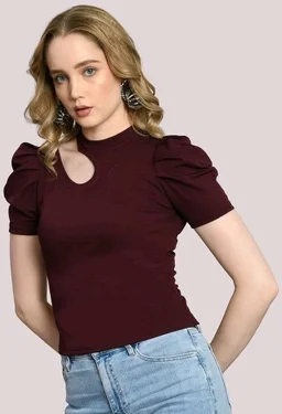 Women's Puff Sleeve Top with Front Cut-Out and Mock Neck
- Wine, L