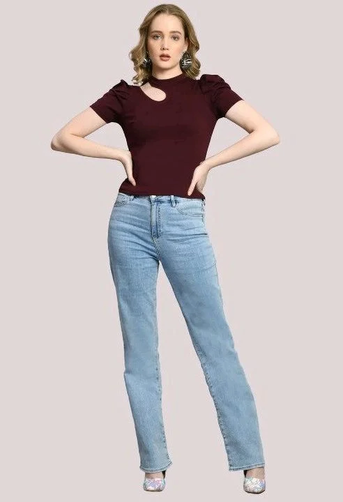 Women's Puff Sleeve Top with Front Cut-Out and Mock Neck
- Wine, L