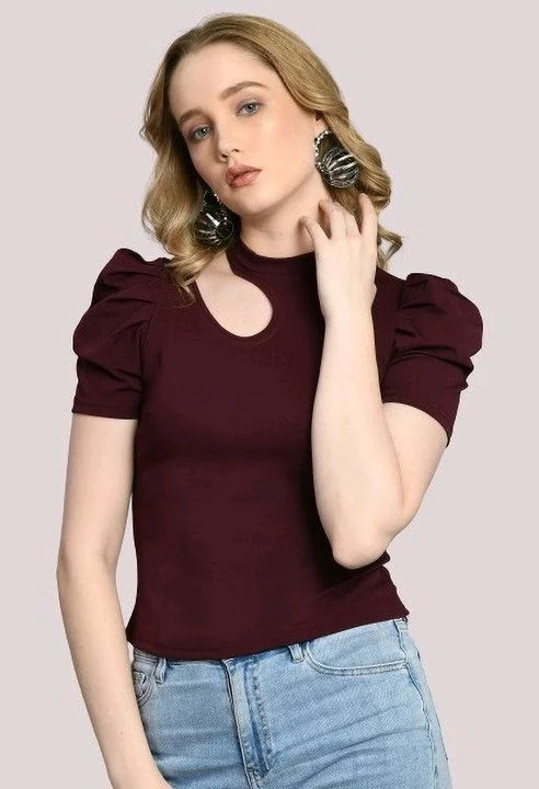 Women's Puff Sleeve Top with Front Cut-Out and Mock Neck
- Wine, S