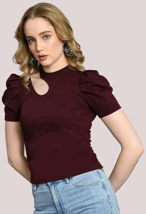 Women's Puff Sleeve Top with Front Cut-Out and Mock Neck
- Wine, M