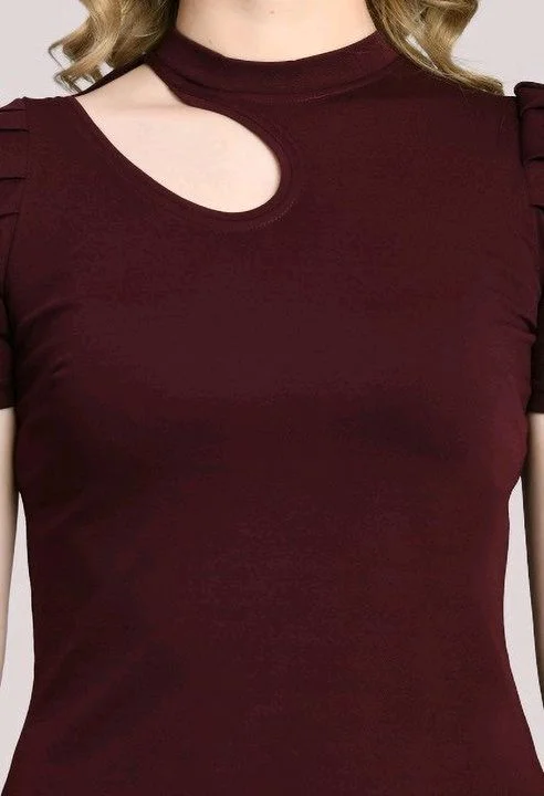 Women's Puff Sleeve Top with Front Cut-Out and Mock Neck
- Wine, XL