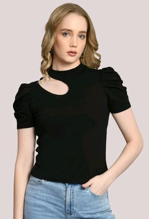 Women's Puff Sleeve Top with Front Cut-Out and Mock Neck
- Black, L