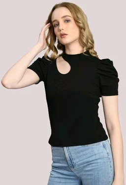 Women's Puff Sleeve Top with Front Cut-Out and Mock Neck
- Black, L