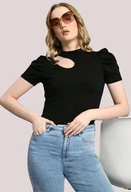 Women's Puff Sleeve Top with Front Cut-Out and Mock Neck
- Black, L