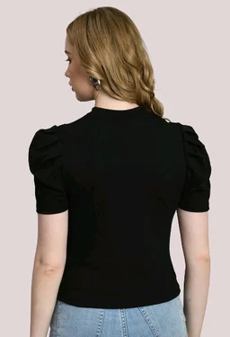 Women's Puff Sleeve Top with Front Cut-Out and Mock Neck
- Black, S