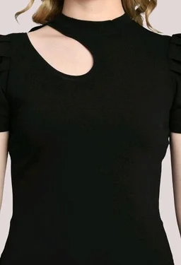 Women's Puff Sleeve Top with Front Cut-Out and Mock Neck
- Black, M