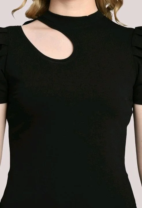 Women's Puff Sleeve Top with Front Cut-Out and Mock Neck
- Black, XL