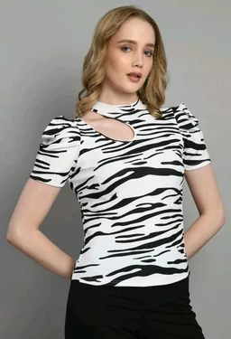 Women's Puff Sleeve Top with Front Cut-Out and Mock Neck
- White, L