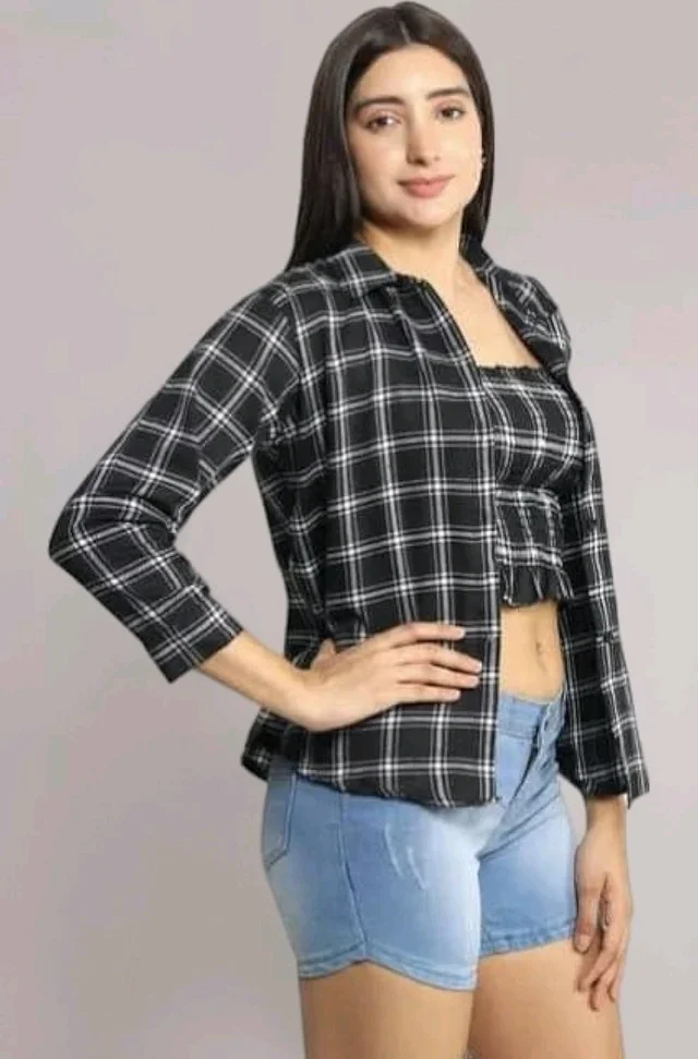 Women's Black and White Plaid Crop Top with Long Sleeves, Casual Stylish Design Combo of Shirt & Tube Top
- Black, L