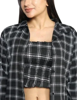 Women's Black and White Plaid Crop Top with Long Sleeves, Casual Stylish Design Combo of Shirt & Tube Top
- Black, M