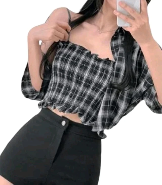Women's Black and White Plaid Crop Top with Long Sleeves, Casual Stylish Design Combo of Shirt & Tube Top
- Black, M