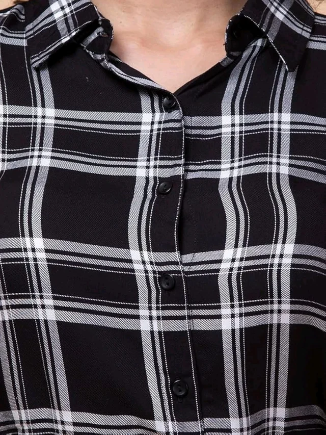 Women's Black and White Plaid Crop Top with Long Sleeves, Casual Stylish Design Combo of Shirt & Tube Top
- Black, M