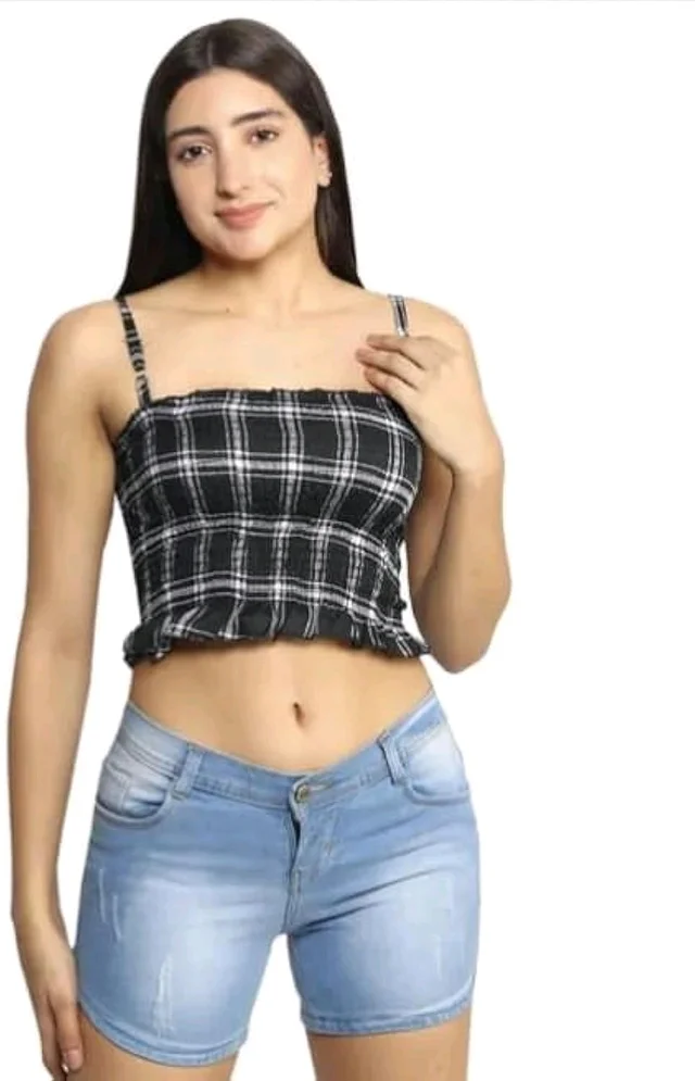 Women's Black and White Plaid Crop Top with Long Sleeves, Casual Stylish Design Combo of Shirt & Tube Top
- Black, XXS
