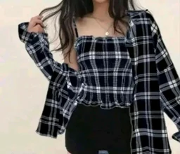 Women's Black and White Plaid Crop Top with Long Sleeves, Casual Stylish Design Combo of Shirt & Tube Top
- Black, Free Size