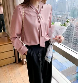 Women's Elegant Tie-Neck Blouse, Long Sleeve Professional Office Top, White and Pink, Business Casual Style - Bouquet, L