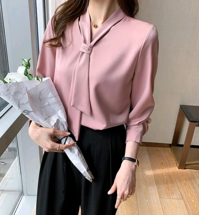 Women's Elegant Tie-Neck Blouse, Long Sleeve Professional Office Top, White and Pink, Business Casual Style - Bouquet, M