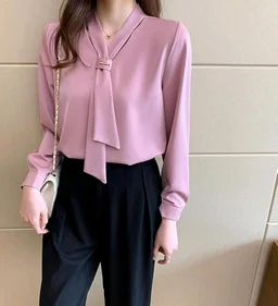 Women's Elegant Tie-Neck Blouse, Long Sleeve Professional Office Top, White and Pink, Business Casual Style - Bouquet, XL