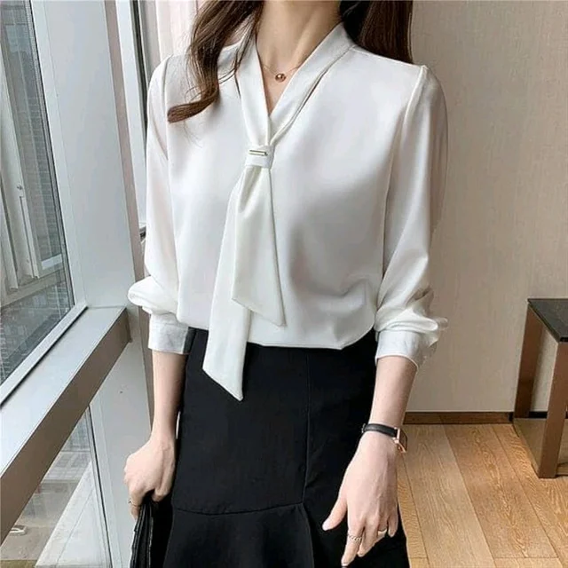 Women's Elegant Tie-Neck Blouse, Long Sleeve Professional Office Top, White and Pink, Business Casual Style - White, L