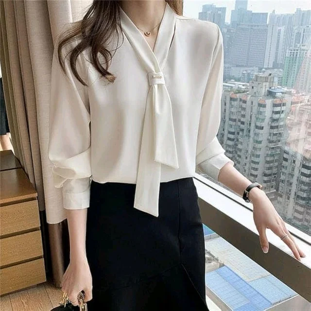 Women's Elegant Tie-Neck Blouse, Long Sleeve Professional Office Top, White and Pink, Business Casual Style - White, XL