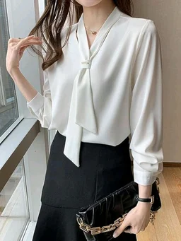 Women's Elegant Tie-Neck Blouse, Long Sleeve Professional Office Top, White and Pink, Business Casual Style - White, XL