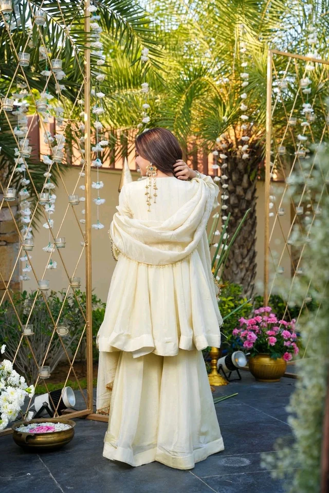 Off White Cosmos Real Mirror Work Kurta With Sharara & Dupatta Set - L, White Rock