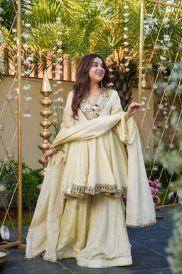 Off White Cosmos Real Mirror Work Kurta With Sharara & Dupatta Set - L, White Rock