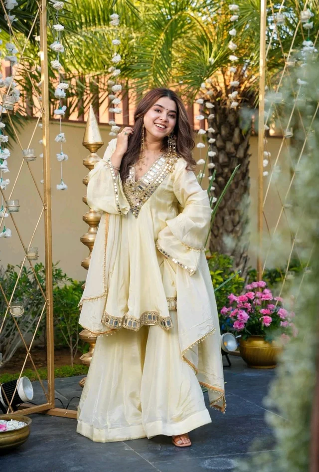 Off White Cosmos Real Mirror Work Kurta With Sharara & Dupatta Set - M, White Rock