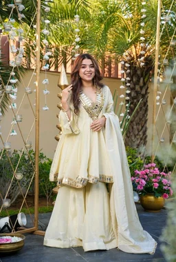 Off White Cosmos Real Mirror Work Kurta With Sharara & Dupatta Set - M, White Rock