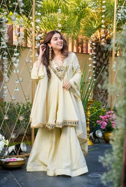 Off White Cosmos Real Mirror Work Kurta With Sharara & Dupatta Set - XL, White Rock