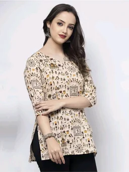 Women's Cotton Floral Print Straight Kurta, Full Sleeve, Round Neck, Side Slit, Traditional Style (in, Alpha, L, Cream) - Parchment, M