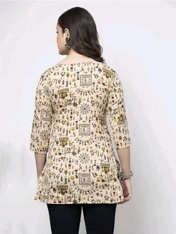 Women's Cotton Floral Print Straight Kurta, Full Sleeve, Round Neck, Side Slit, Traditional Style (in, Alpha, L, Cream) - Parchment, S
