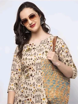 Women's Cotton Floral Print Straight Kurta, Full Sleeve, Round Neck, Side Slit, Traditional Style (in, Alpha, L, Cream) - Parchment, XS